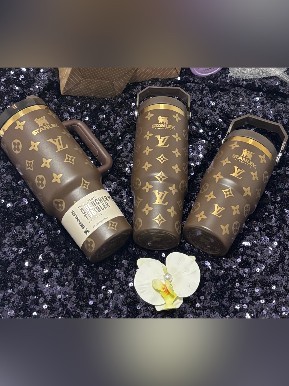 Brown & Gold Monogram Quencher Tumblers (Set of 3) - Picture 3 of 16